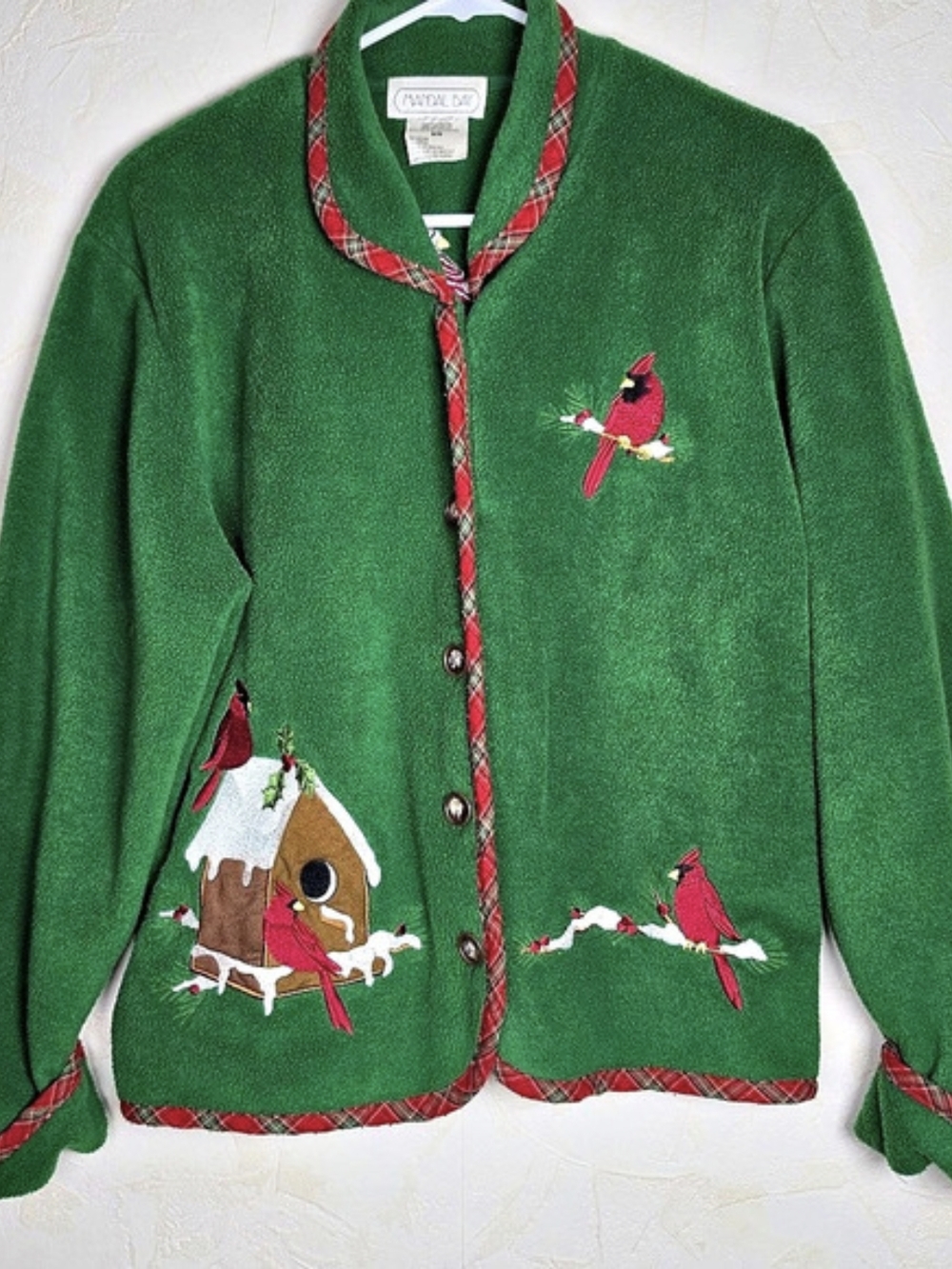 90s Green Fleece Bird Embroidered Christmas Fleece Sweater Cardigan Cardinal Med